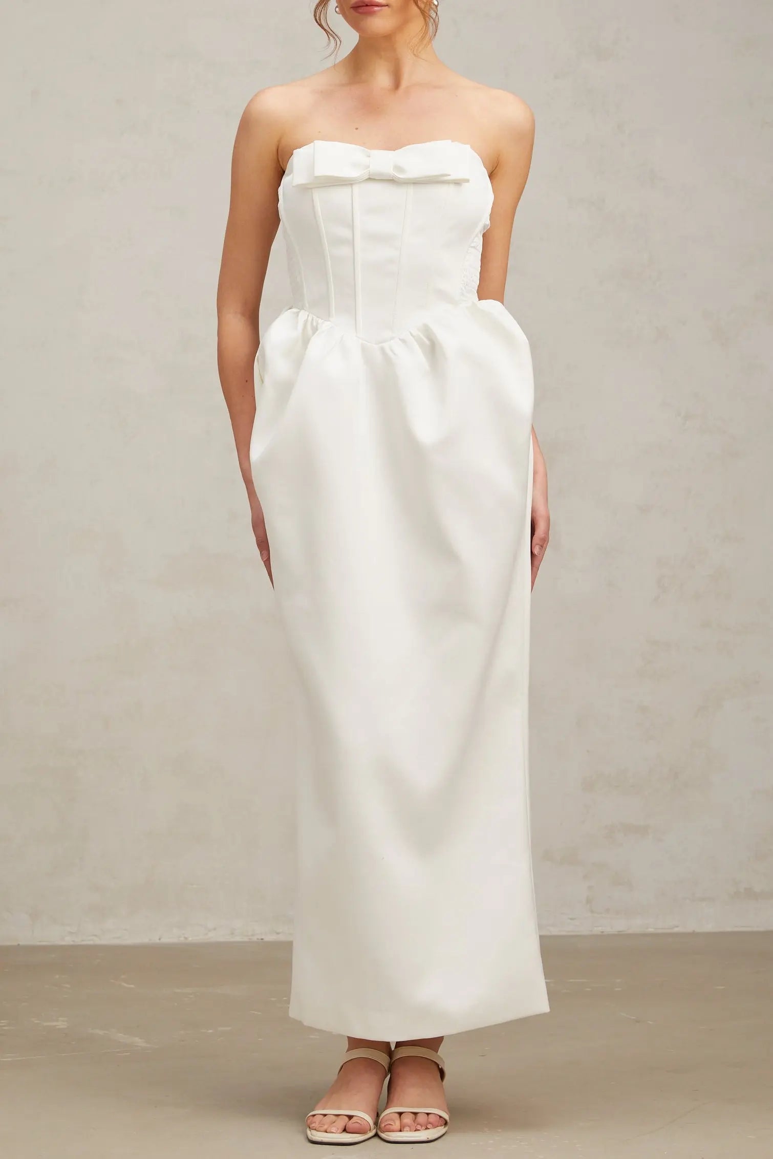josephine bow satin strapless maxi dress in white Avalabel