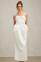 josephine bow satin strapless maxi dress in white Avalabel