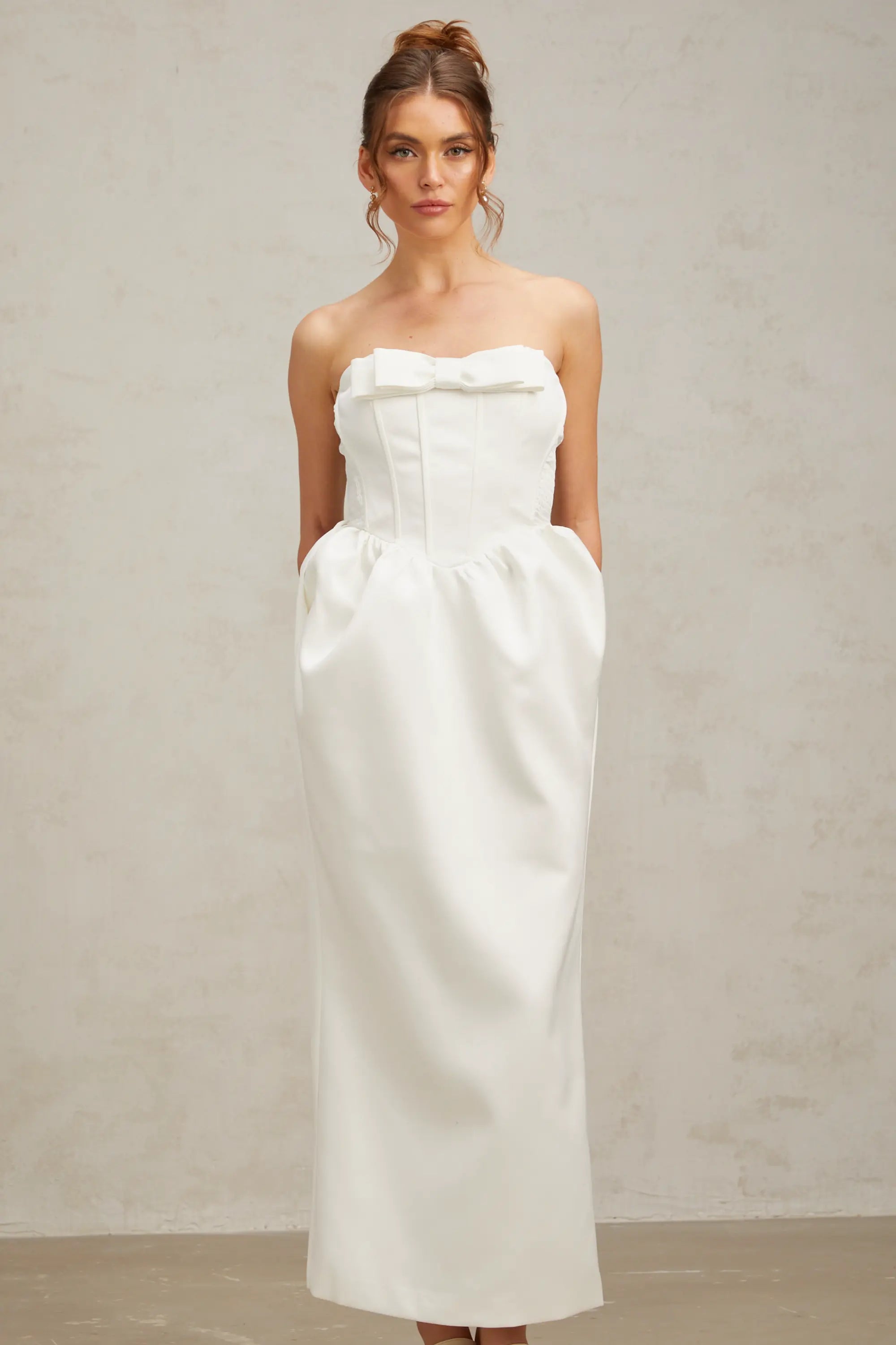 josephine bow satin strapless maxi dress in white Avalabel