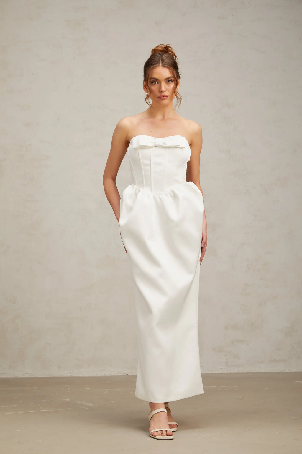 josephine bow satin strapless maxi dress in white Avalabel