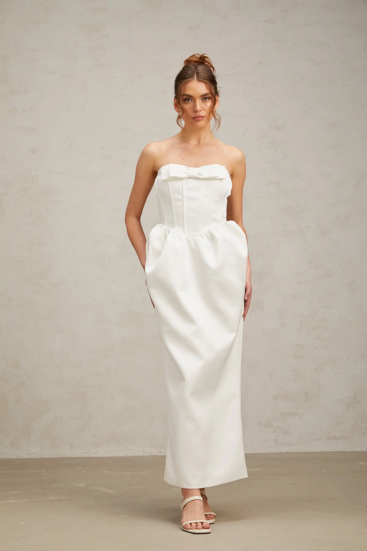 josephine bow satin strapless maxi dress in white Avalabel