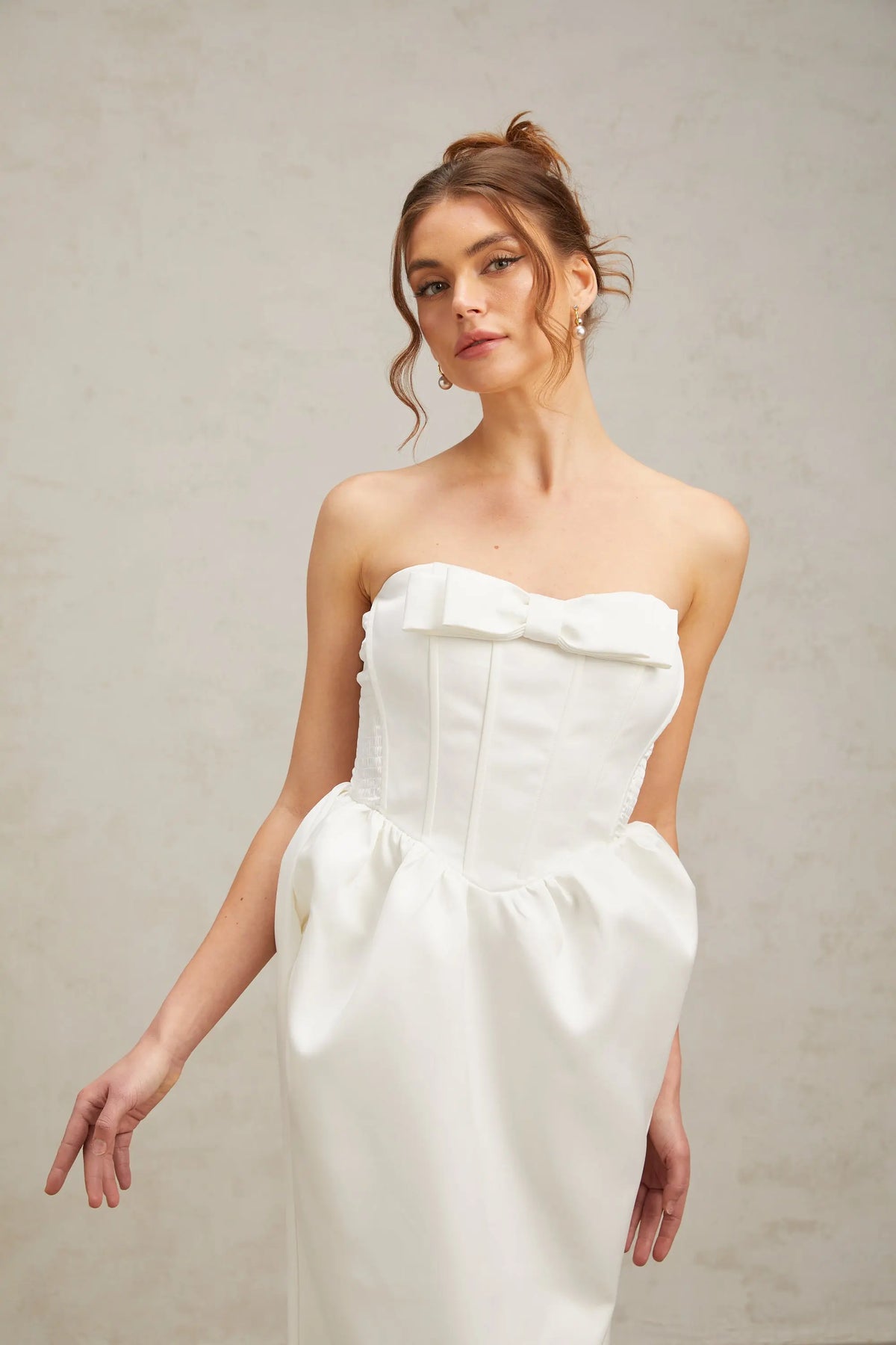 josephine bow satin strapless maxi dress in white Avalabel