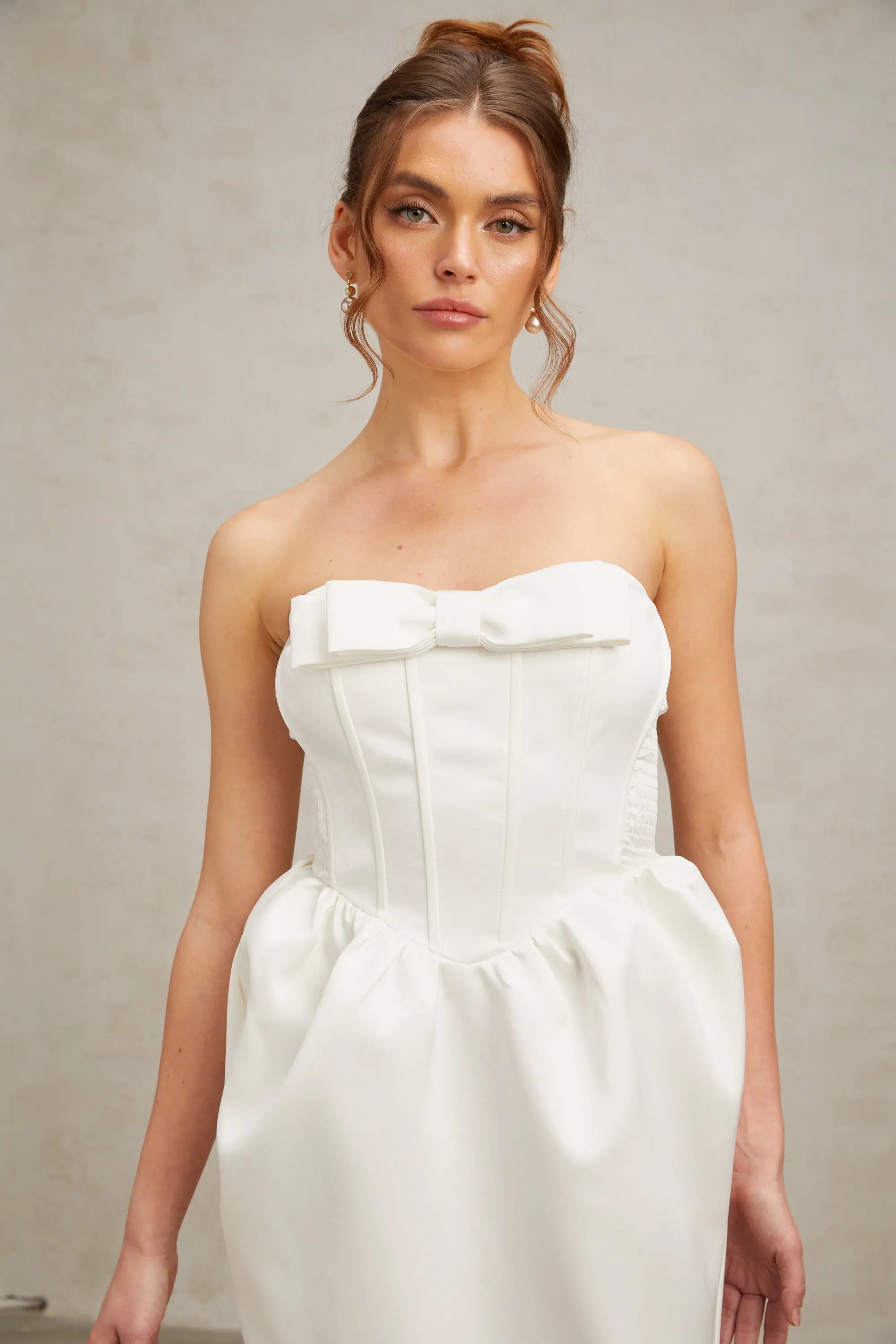 josephine bow satin strapless maxi dress in white Avalabel