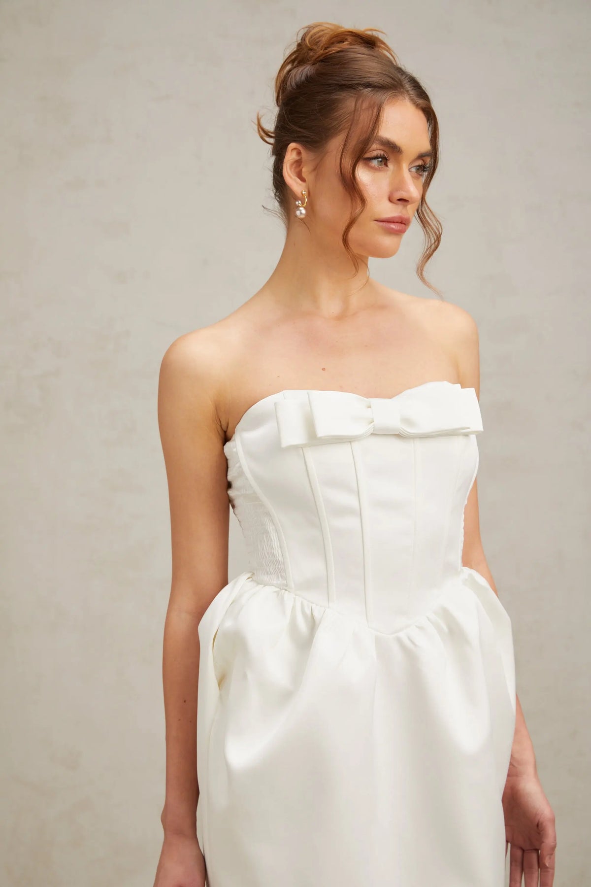 josephine bow satin strapless maxi dress in white Avalabel