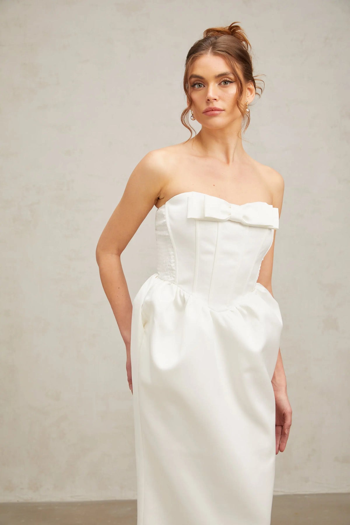 josephine bow satin strapless maxi dress in white Avalabel