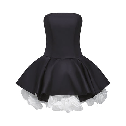 Lucie black petal-layered strapless corset mini dress