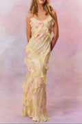 wendy ruffle trim Floral Chiffon Maxi Dress in yellow Avalabel
