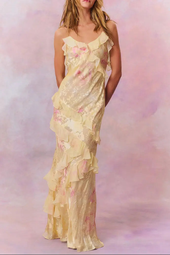 wendy ruffle trim Floral Chiffon Maxi Dress in yellow Avalabel