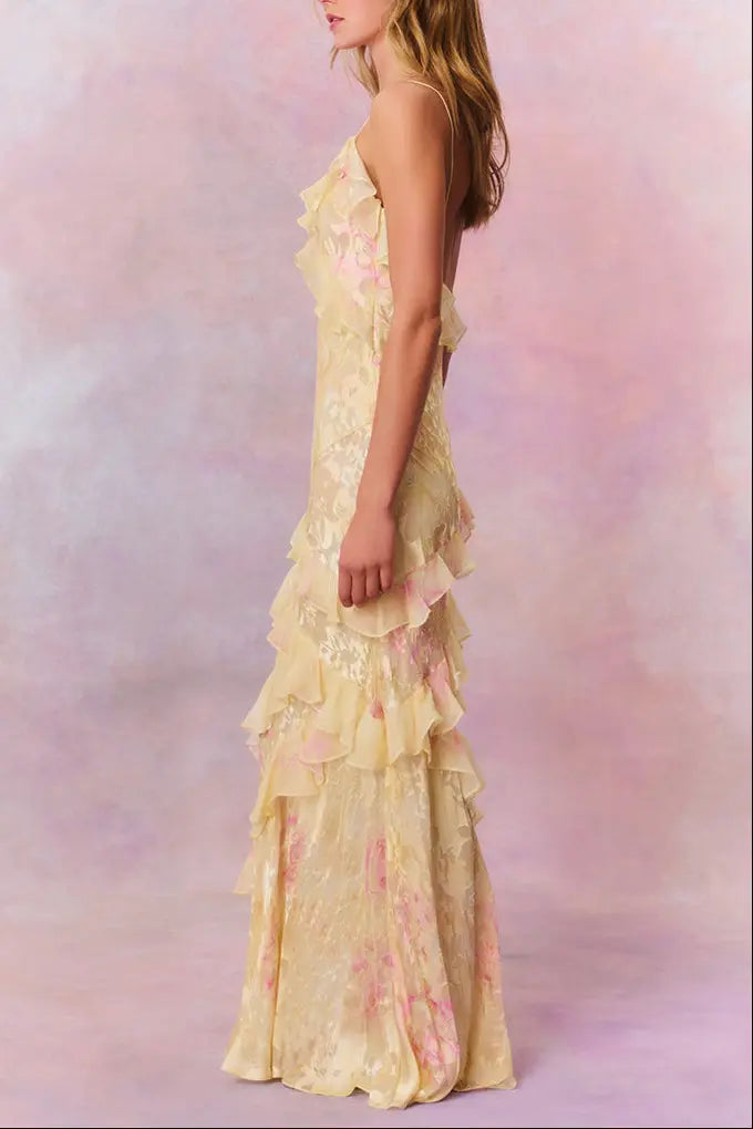 wendy ruffle trim Floral Chiffon Maxi Dress in yellow Avalabel