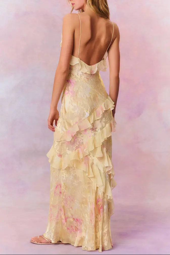 wendy ruffle trim Floral Chiffon Maxi Dress in yellow Avalabel