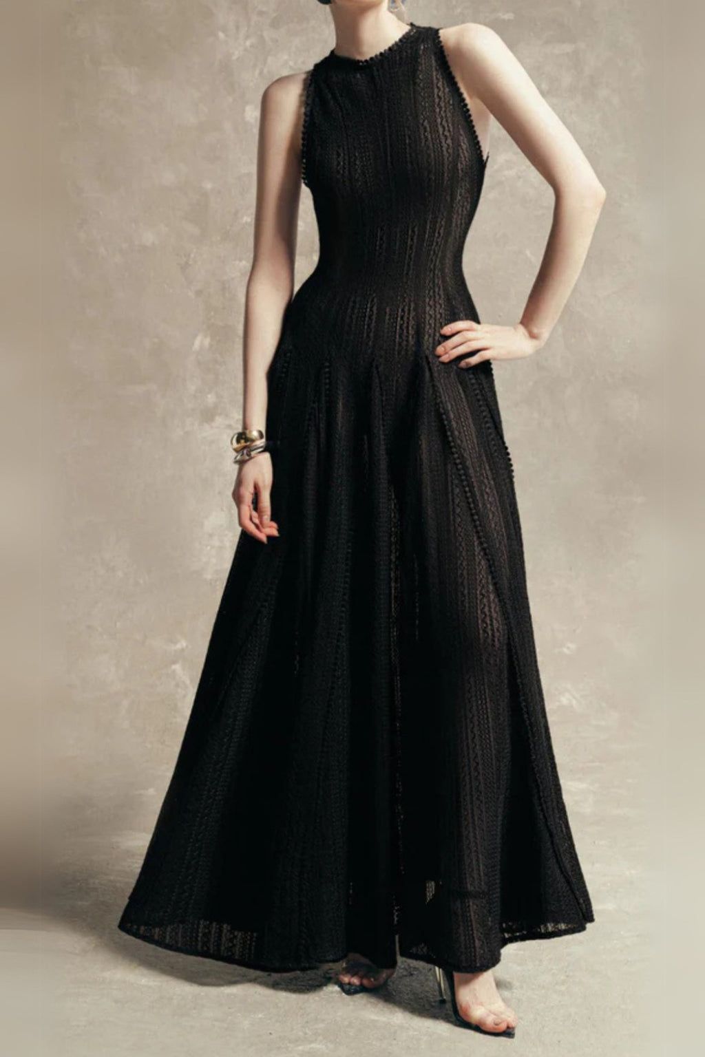 Sleeveless Lace Crochet Maxi Dress in Black Avalabel