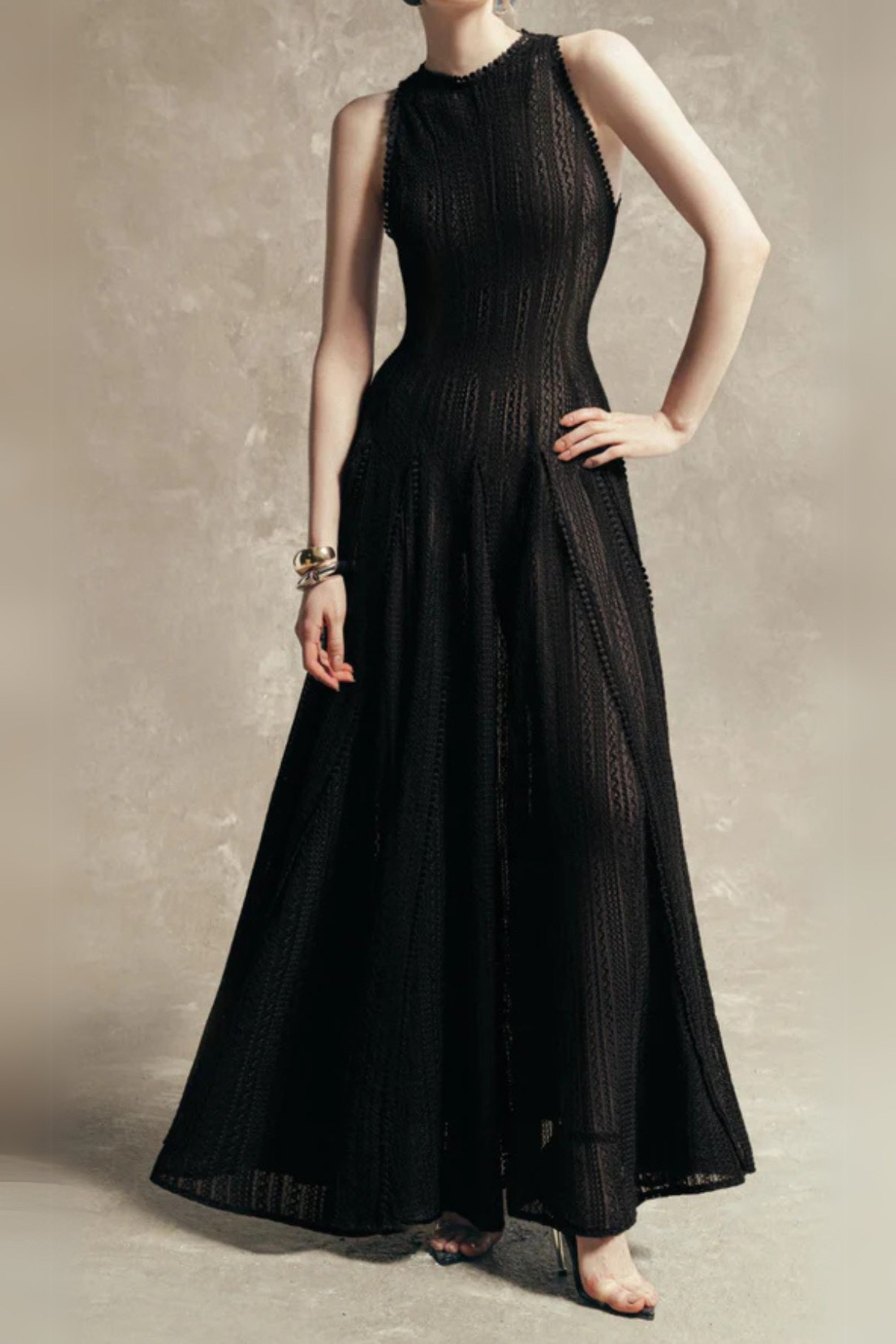 Sleeveless Lace Crochet Maxi Dress in Black Avalabel