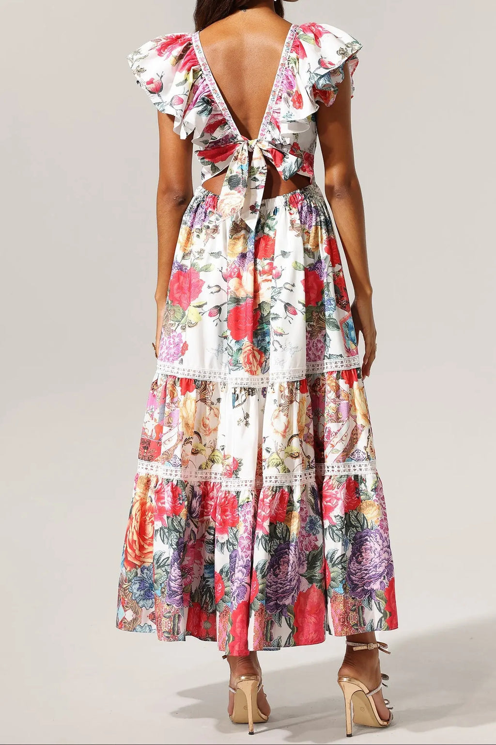 Violet Backless Ruffle Floral Printed Maxi Dress Avalabel