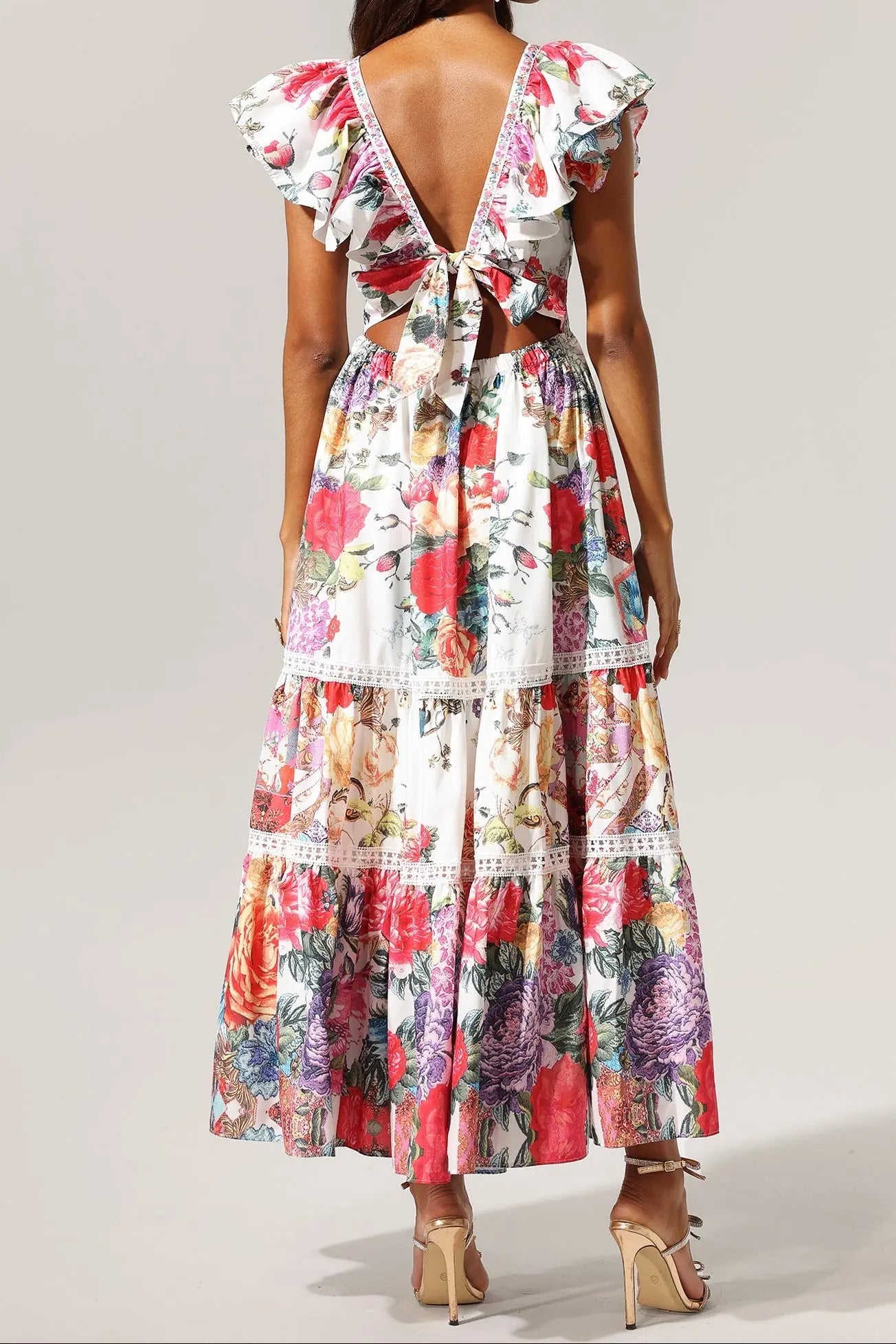 Violet Backless Ruffle Floral Printed Maxi Dress Avalabel