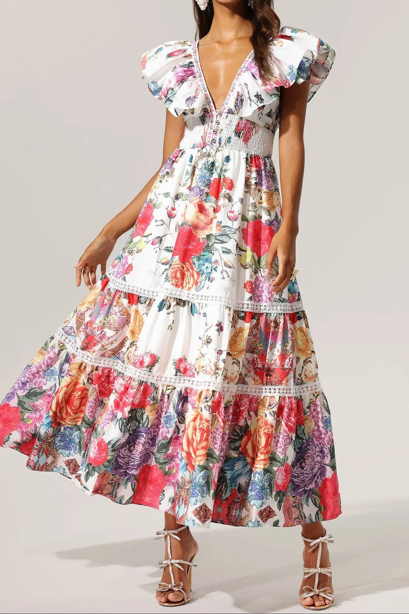 Violet Backless Ruffle Floral Printed Maxi Dress Avalabel