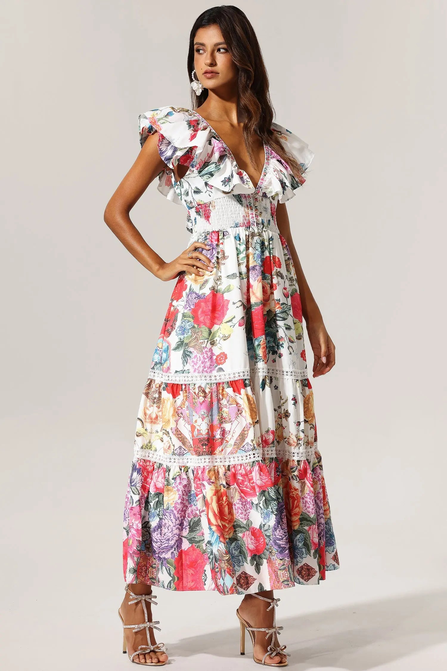 Violet Backless Ruffle Floral Printed Maxi Dress Avalabel