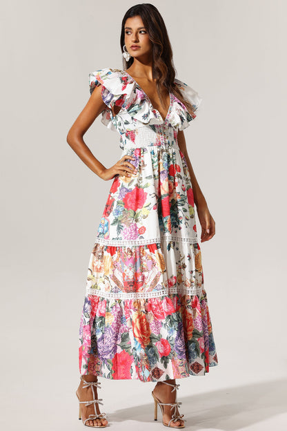 Violet Backless Ruffle Floral Printed Maxi Dress
