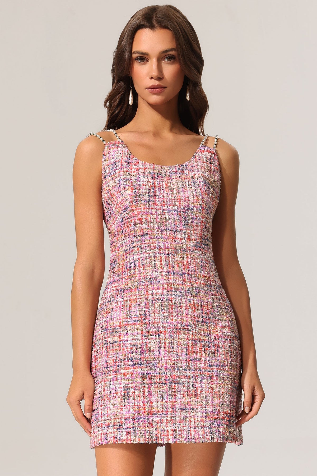 Joanna Round Neck Bradde Chain Sleeveless Tweed Mini Dress Avalabel
