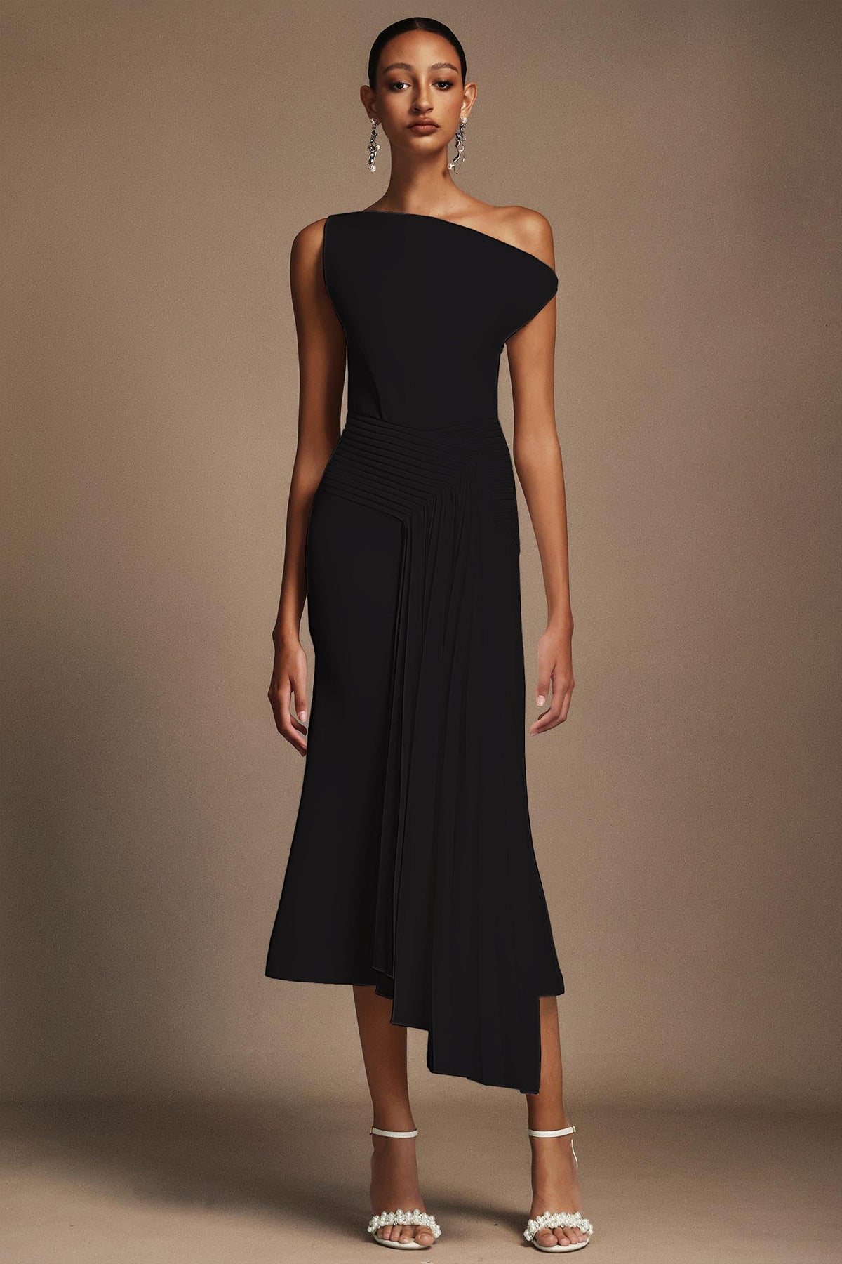 Juny Oblique Shoulder Sleeveless Folds Midi Dress Avalabel