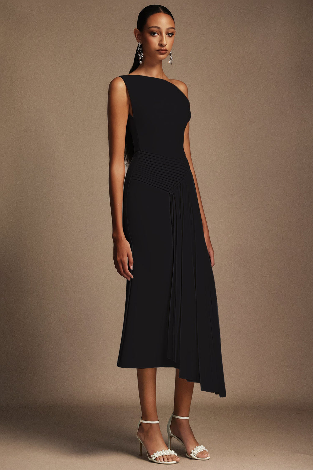 Juny Oblique Shoulder Sleeveless Folds Midi Dress Avalabel