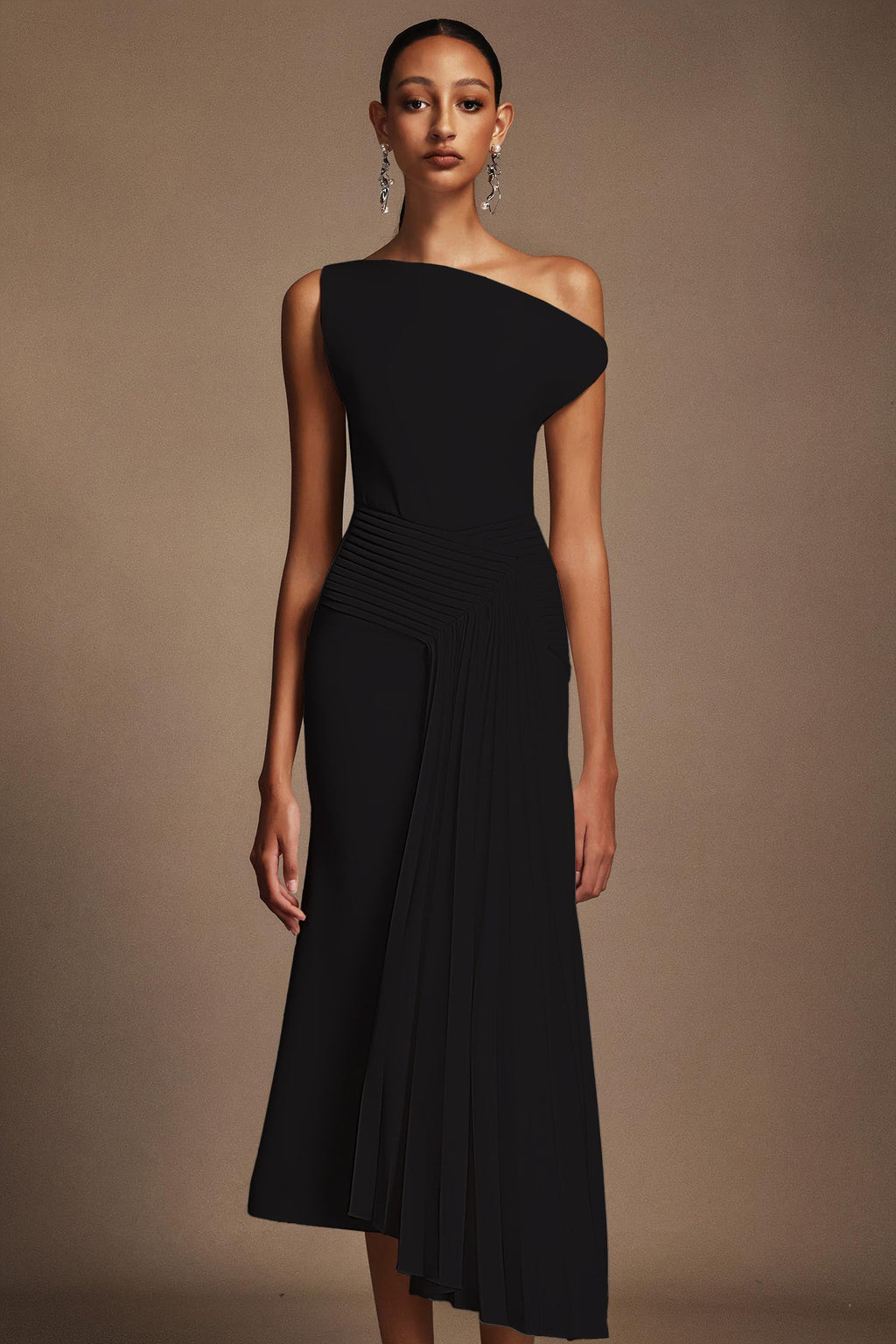 Juny Oblique Shoulder Sleeveless Folds Midi Dress Avalabel