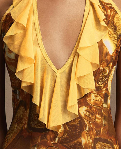 Golden Coin Vintage Print Halter V Neck Ruffle Trim High Side Slit Asymmetrical Chiffon Midi Dress