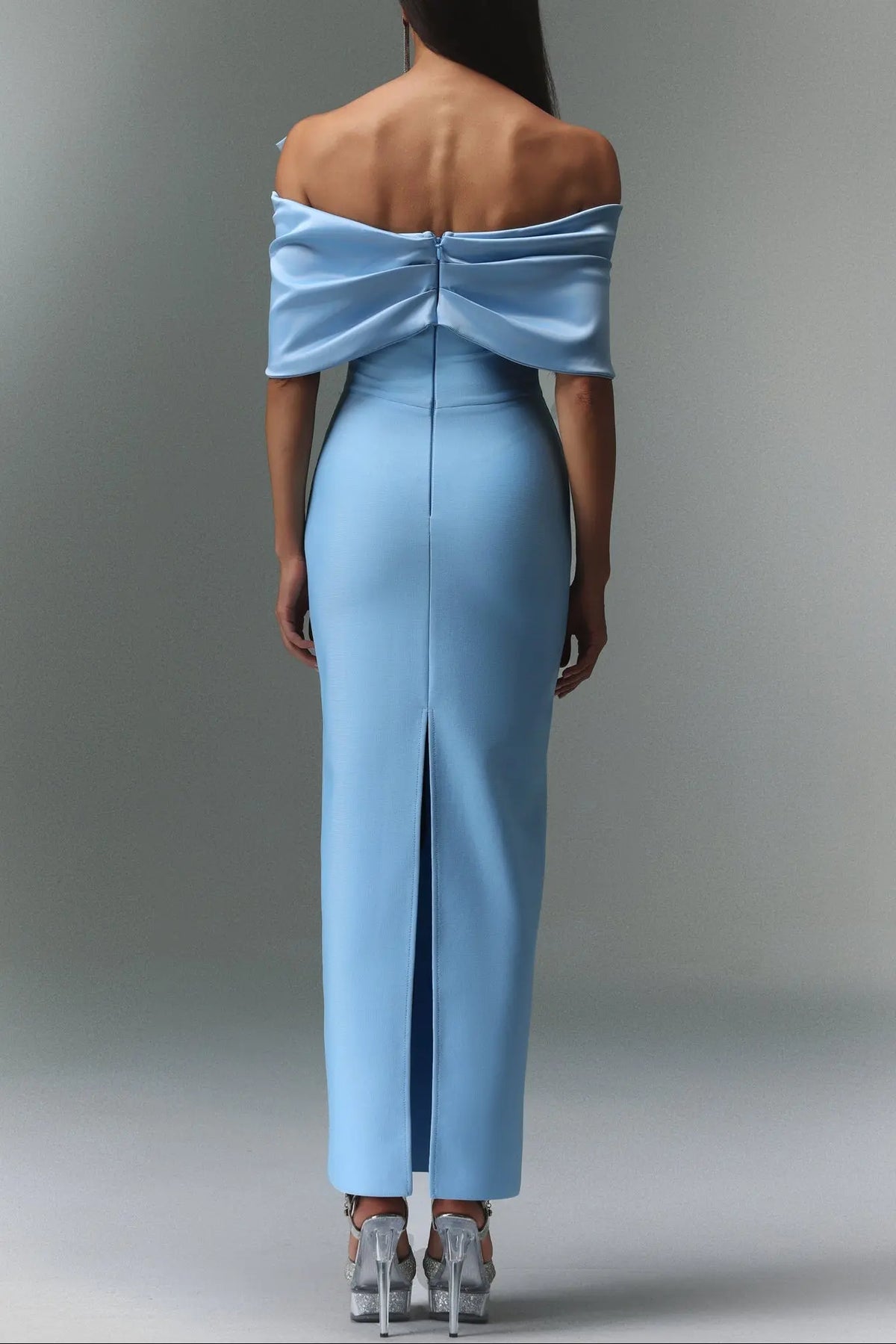 marina blue one-Shoulder Bow Bandage satin Maxi Dress Avalabel