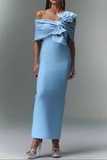 marina blue one-Shoulder Bow Bandage satin Maxi Dress Avalabel