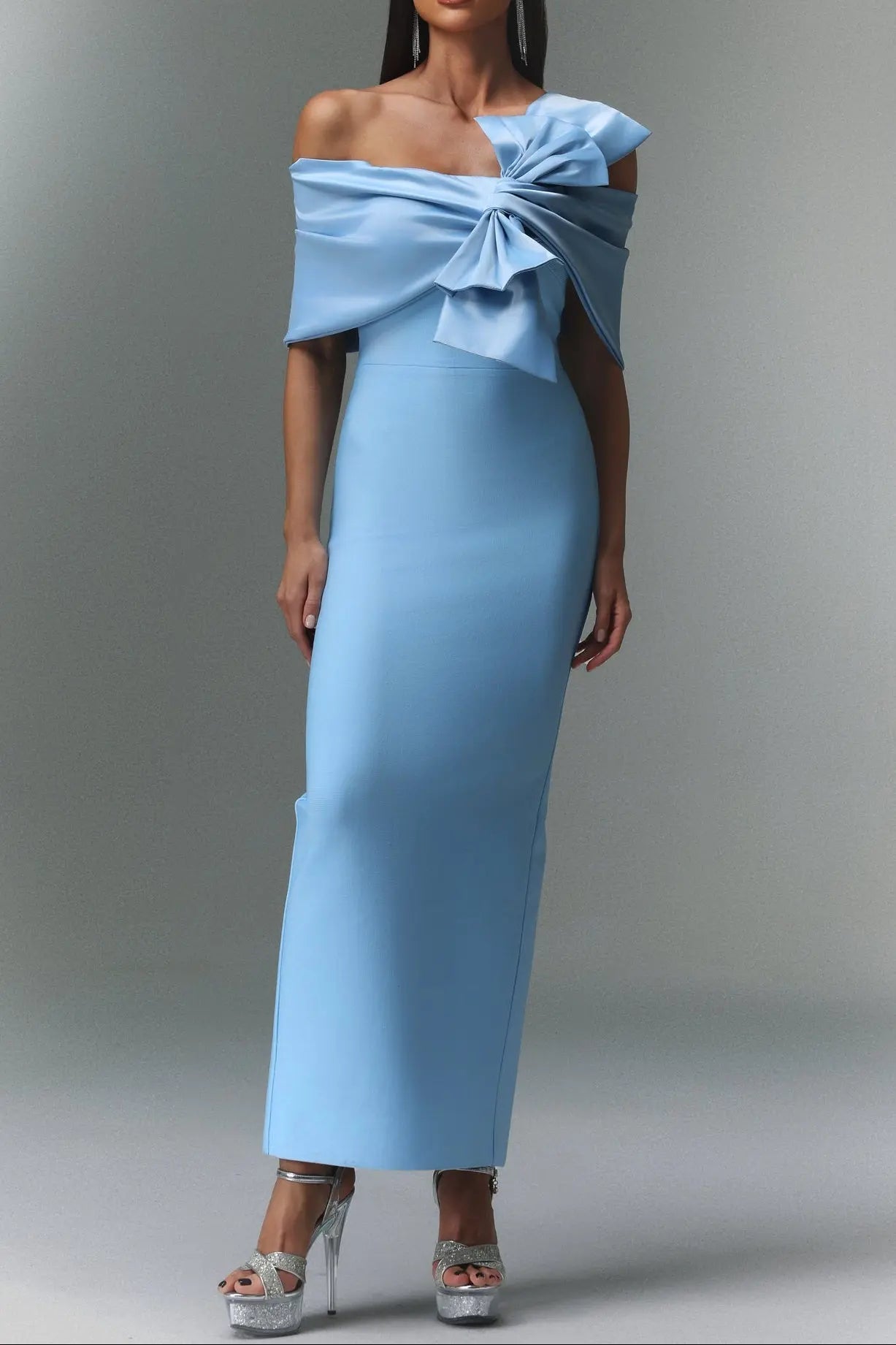 marina blue one-Shoulder Bow Bandage satin Maxi Dress Avalabel