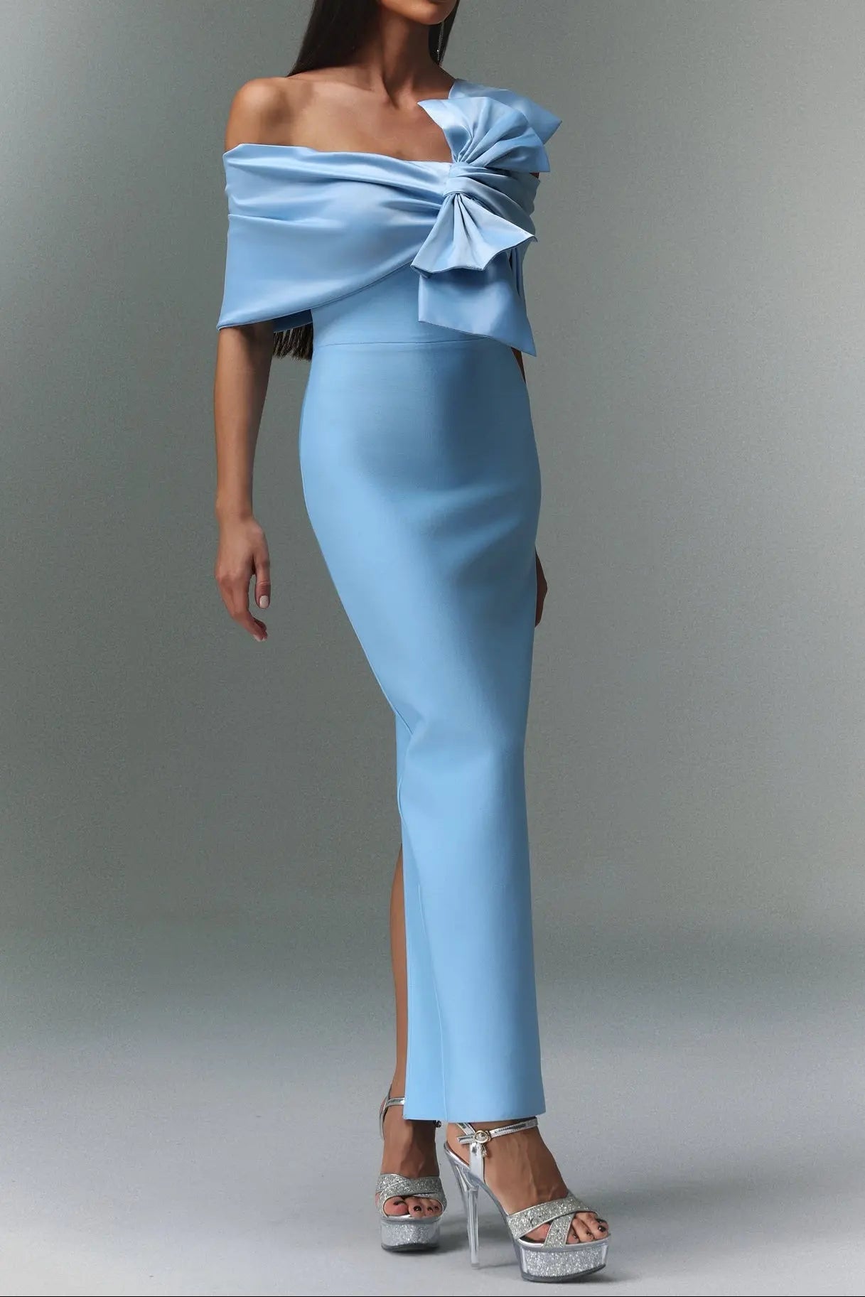 marina blue one-Shoulder Bow Bandage satin Maxi Dress Avalabel