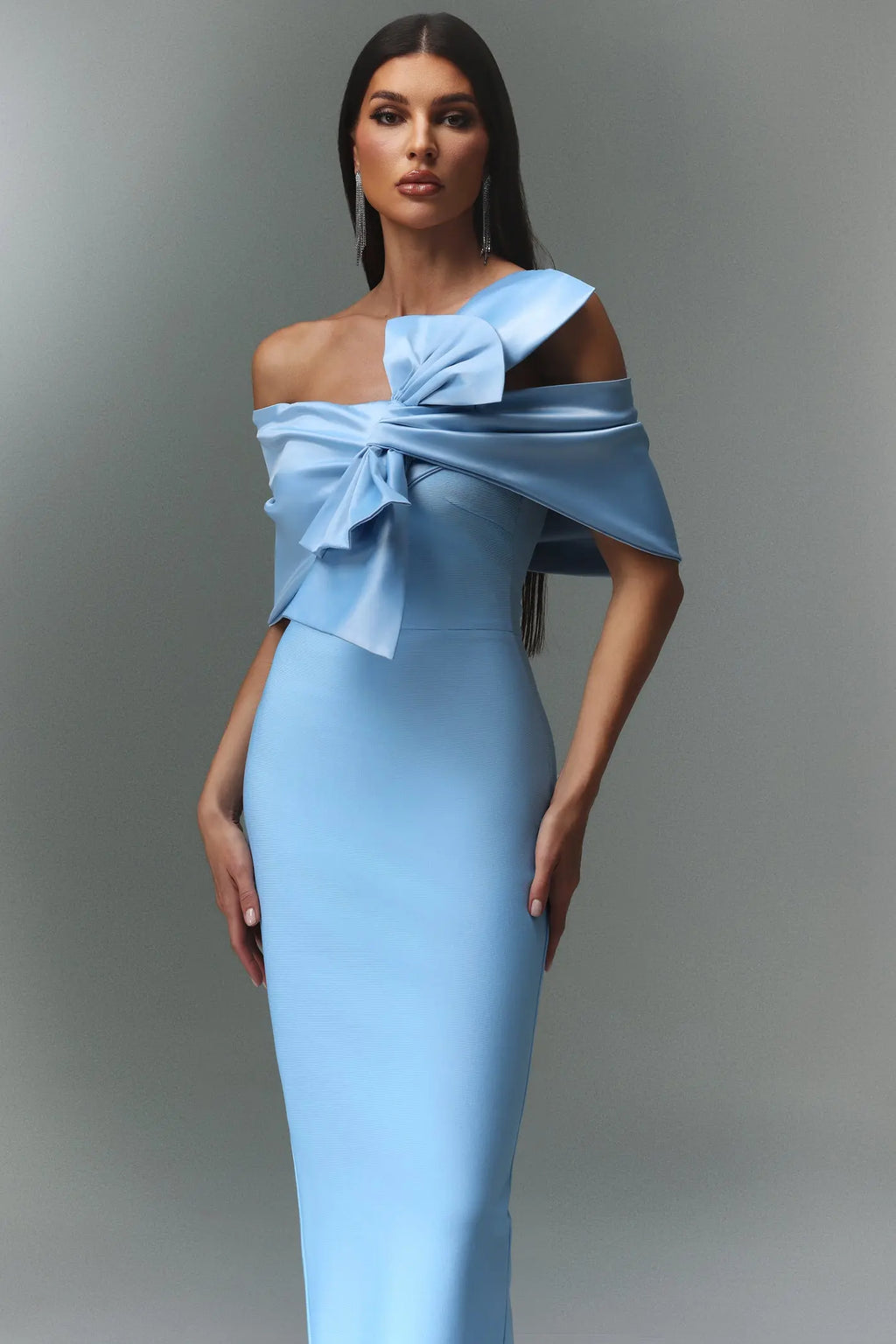 marina blue one-Shoulder Bow Bandage satin Maxi Dress Avalabel