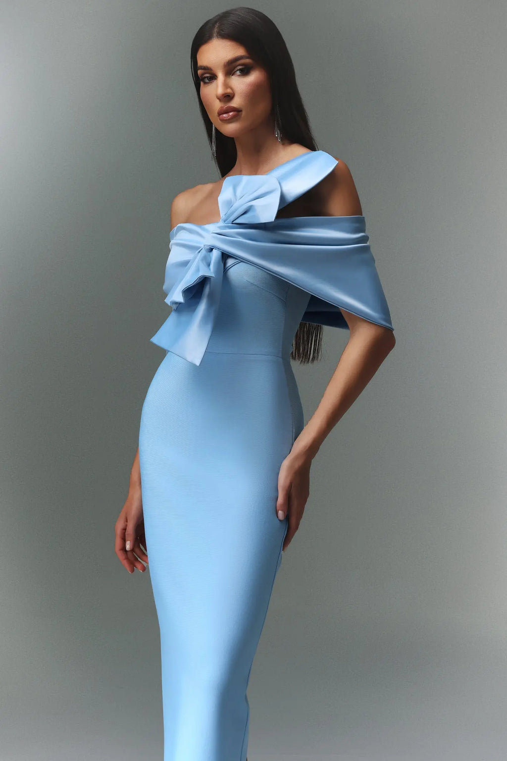 marina blue one-Shoulder Bow Bandage satin Maxi Dress Avalabel