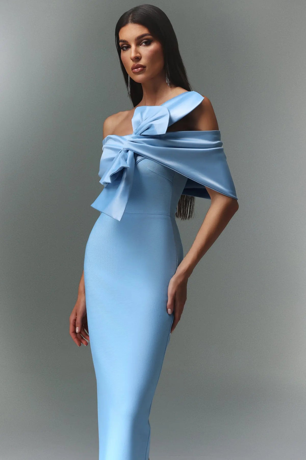 marina blue one-Shoulder Bow Bandage satin Maxi Dress Avalabel