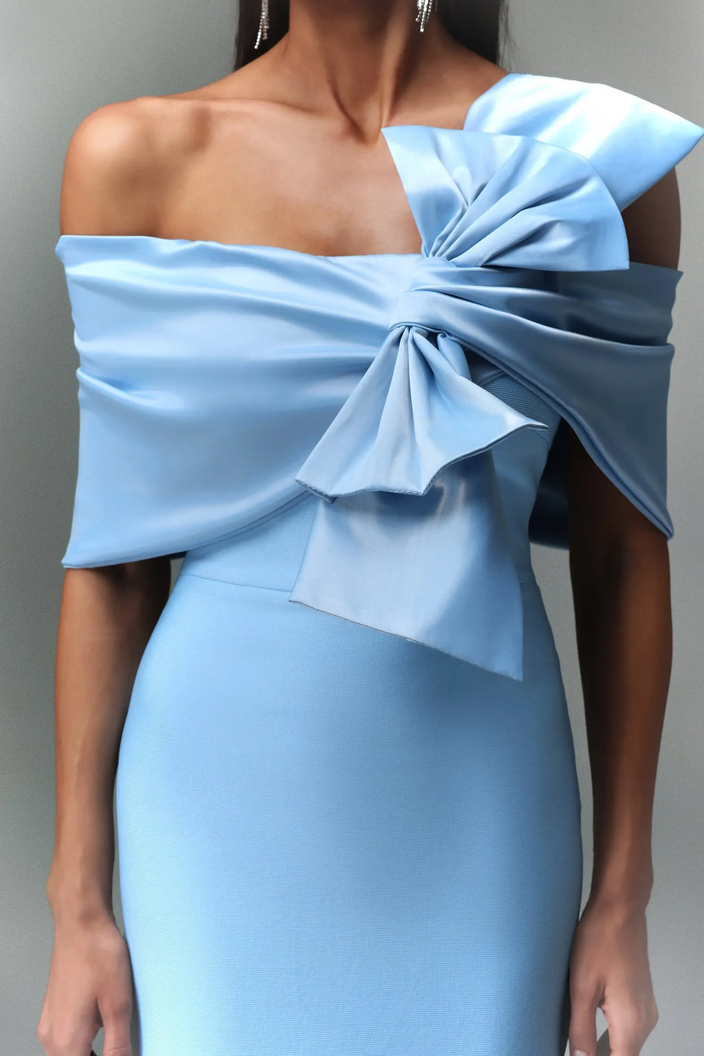 marina blue one-Shoulder Bow Bandage satin Maxi Dress Avalabel