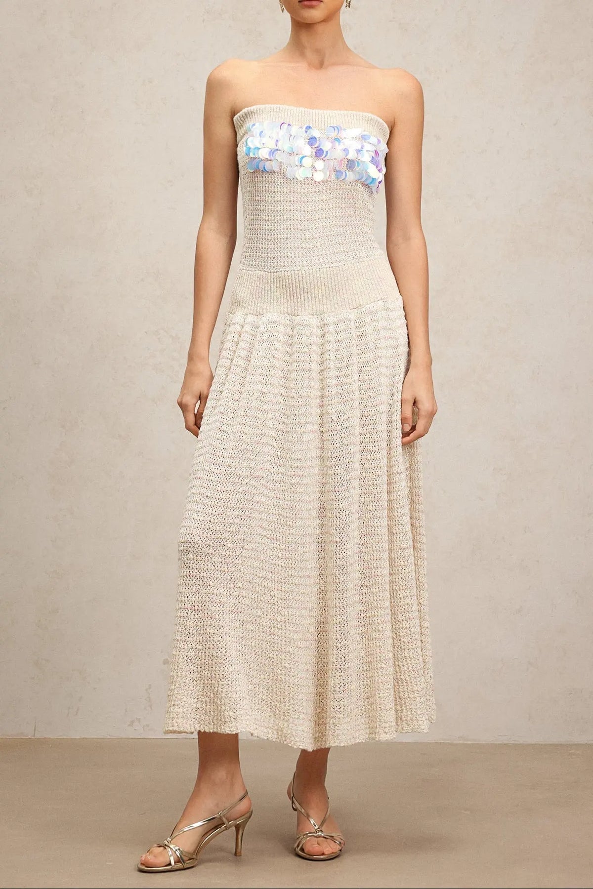 kimberley beige off-shoulder Sleeveless sequin jersey Maxi Dress Avalabel