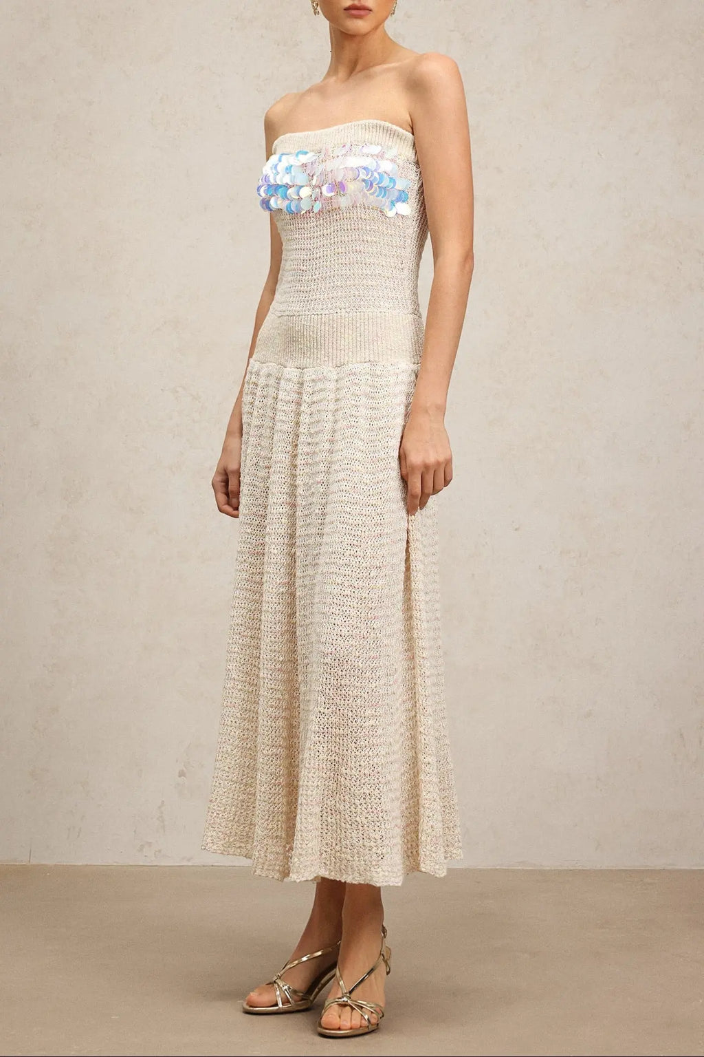 kimberley beige off-shoulder Sleeveless sequin jersey Maxi Dress Avalabel
