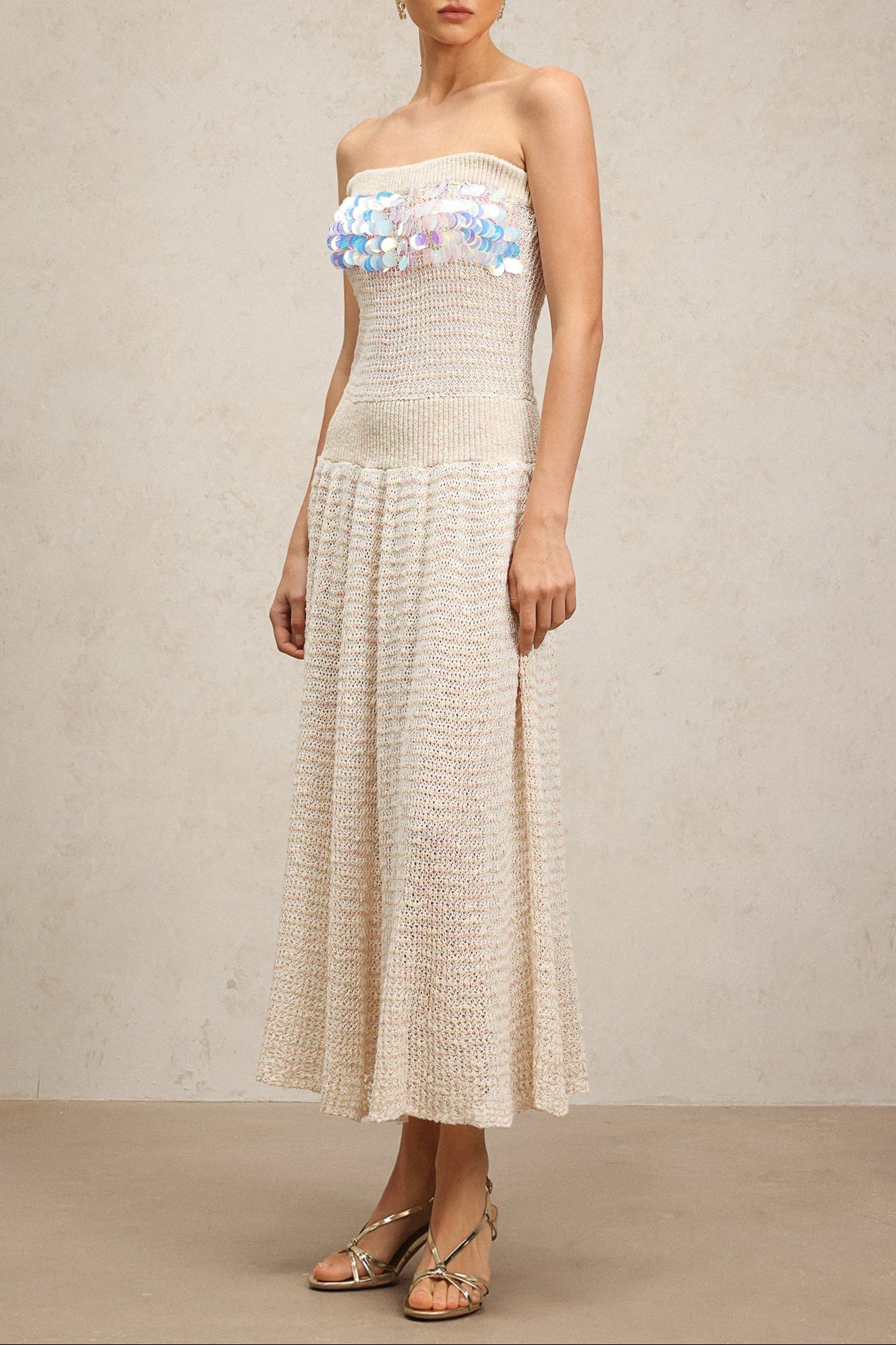 kimberley beige off-shoulder Sleeveless sequin jersey Maxi Dress