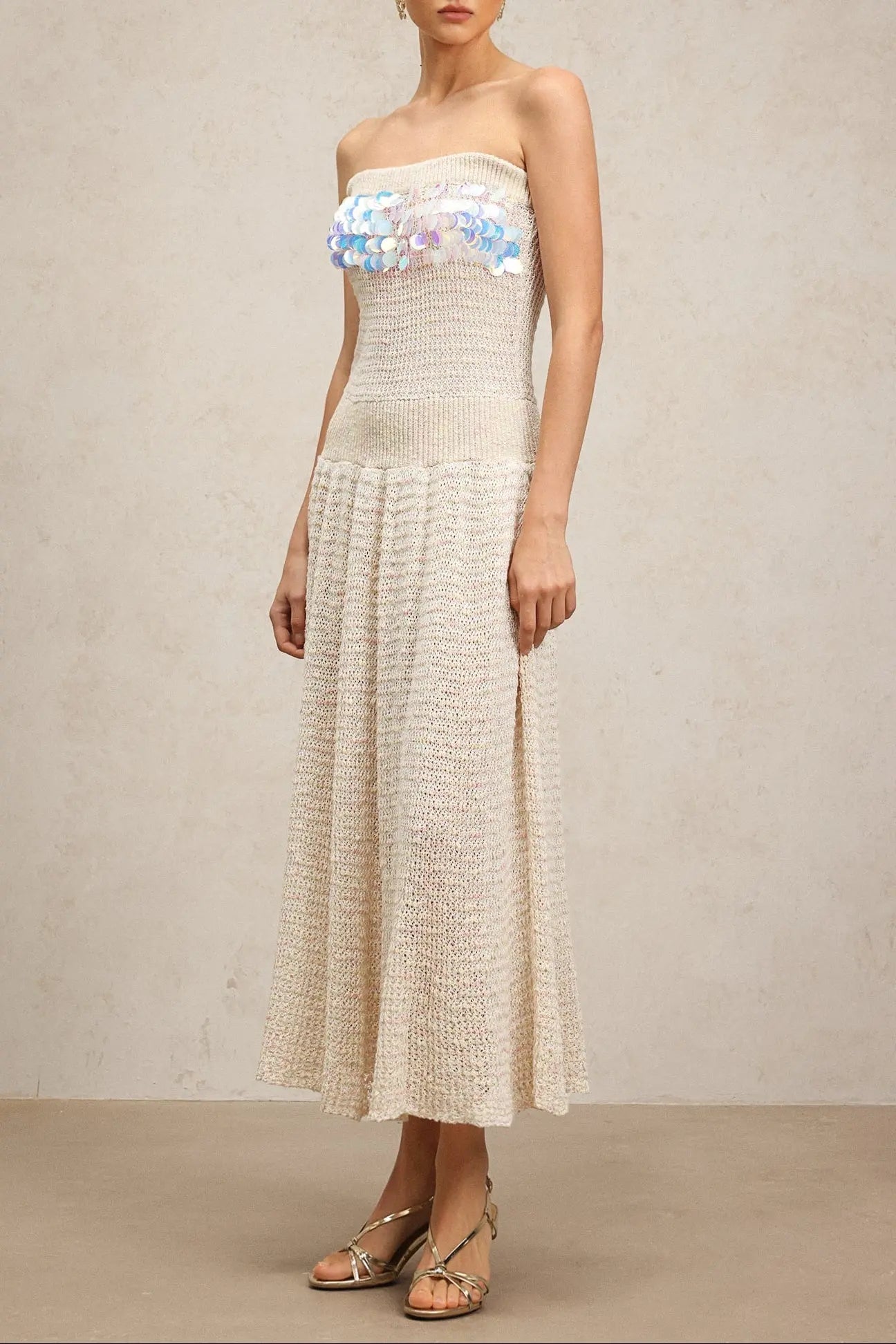 kimberley beige off-shoulder Sleeveless sequin jersey Maxi Dress Avalabel