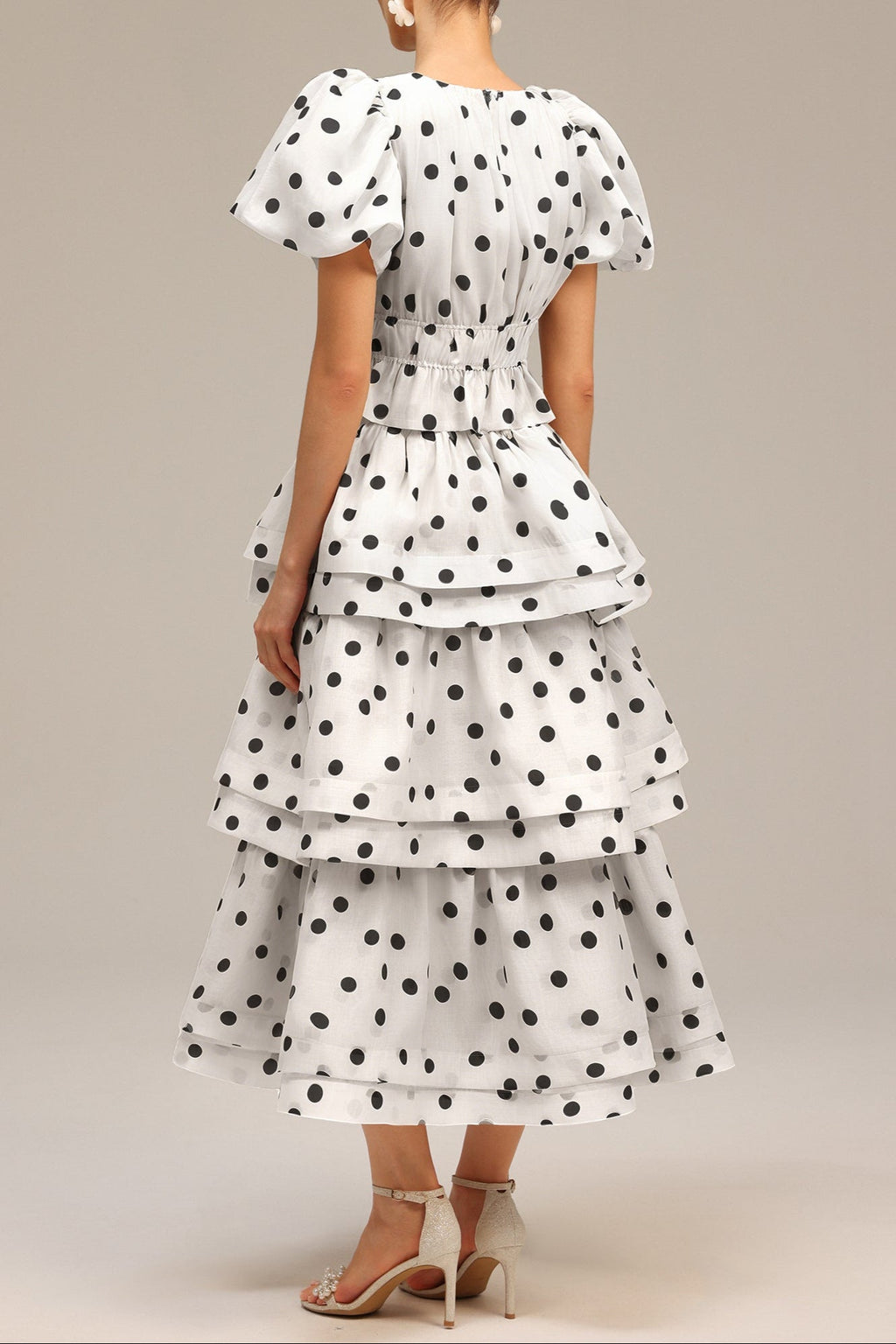 Damla White Puff Sleeves Dot Printed Top and Skirt Two-Piece Set Avalabel