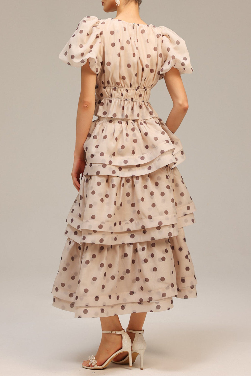 Damla Beige Puff Sleeves Dot Printed Top and Skirt Two-Piece Set Avalabel