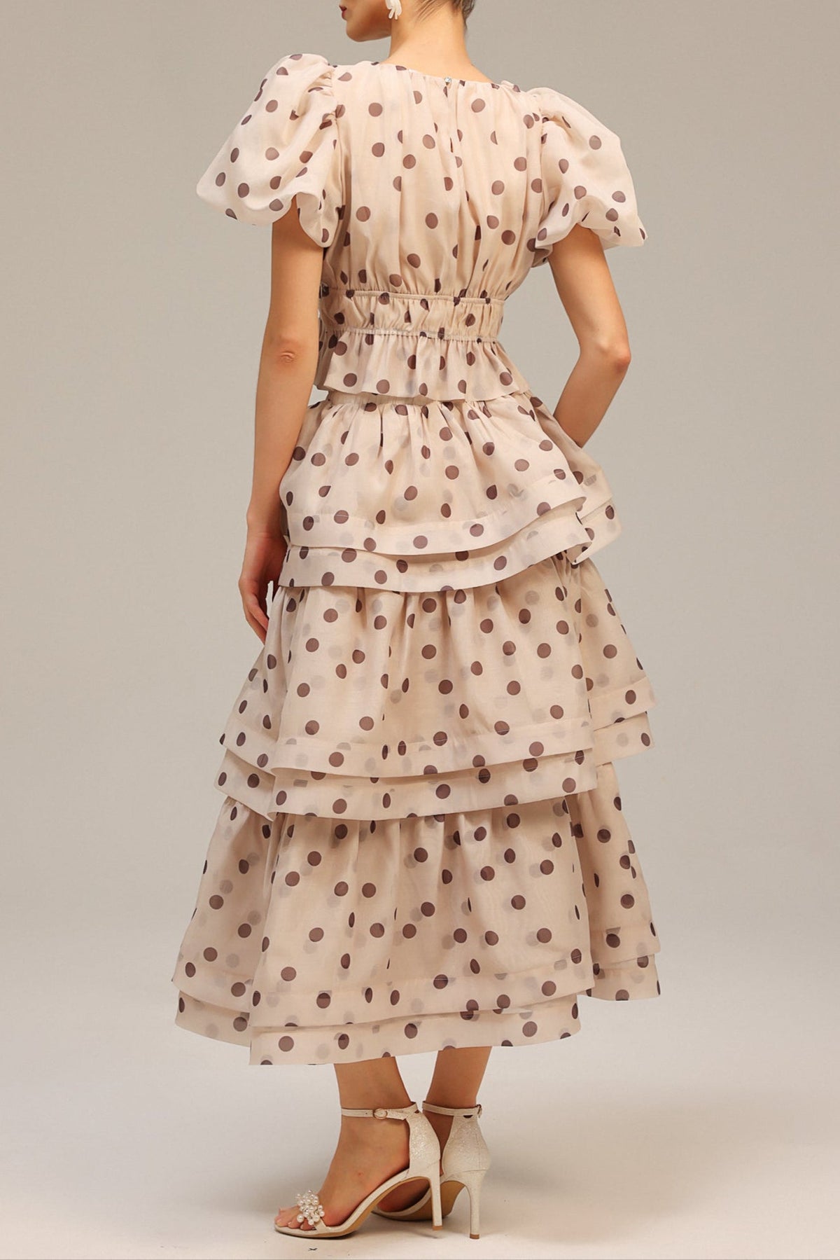 Damla Beige Puff Sleeves Dot Printed Top and Skirt Two-Piece Set Avalabel