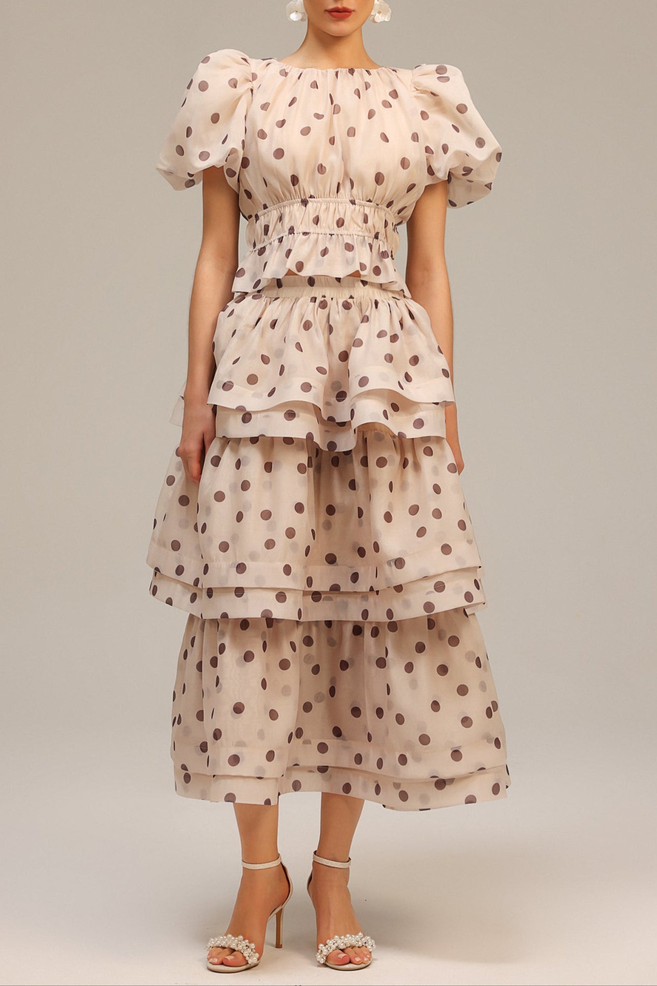 Damla Beige Puff Sleeves Dot Printed Top and Skirt Two-Piece Set Avalabel