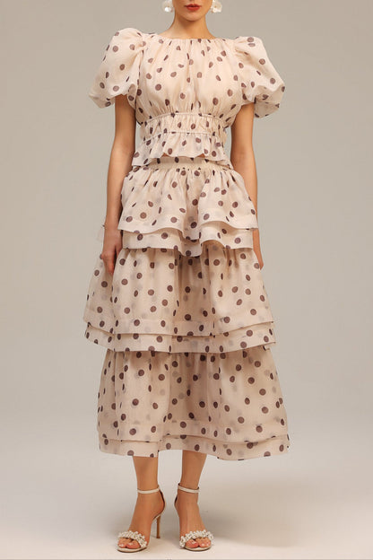 Damla Beige Puff Sleeves Dot Printed Top and Skirt Two-Piece Set