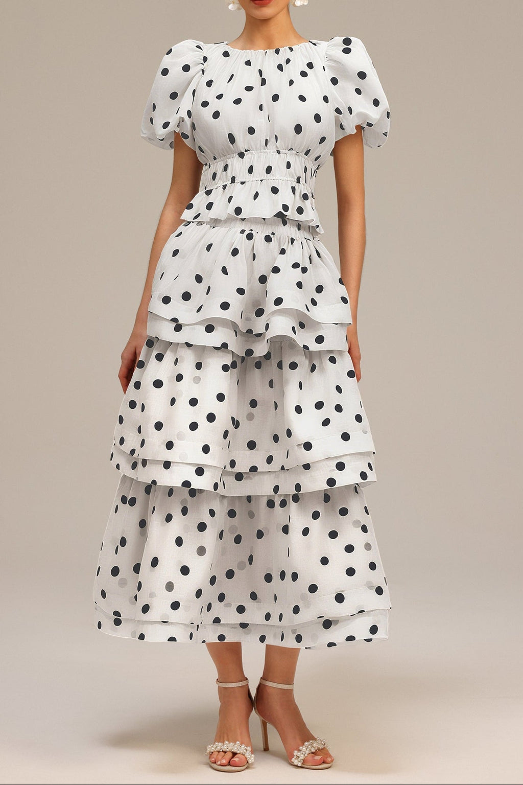 Damla White Puff Sleeves Dot Printed Top and Skirt Two-Piece Set Avalabel