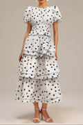 Damla White Puff Sleeves Dot Printed Top and Skirt Two-Piece Set Avalabel