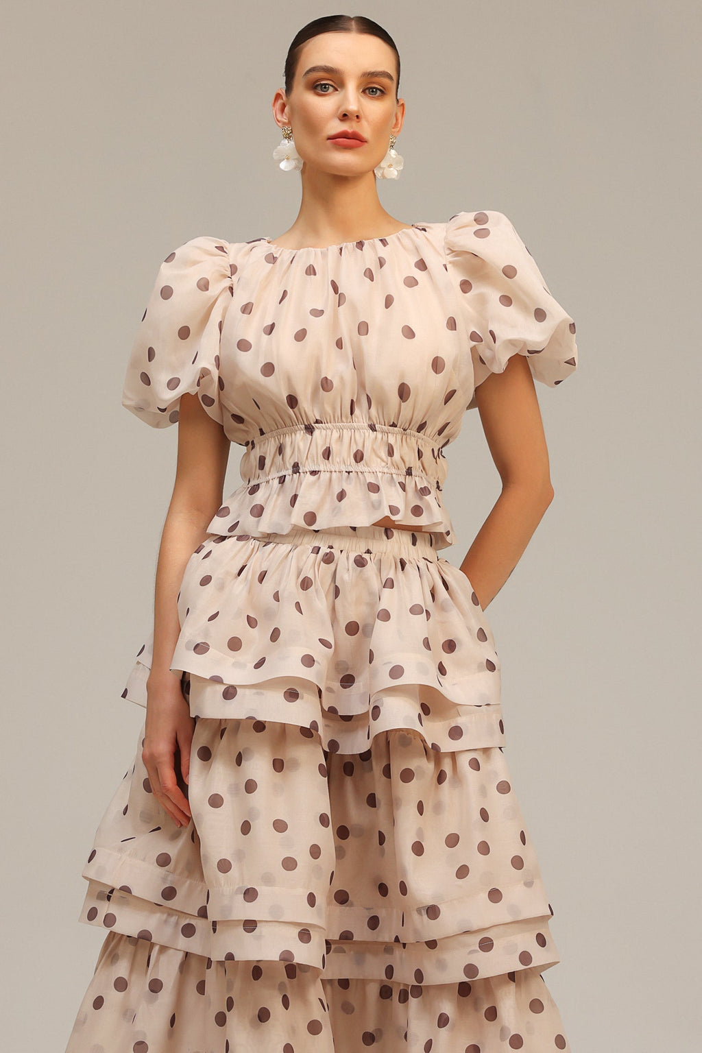 Damla Beige Puff Sleeves Dot Printed Top and Skirt Two-Piece Set Avalabel
