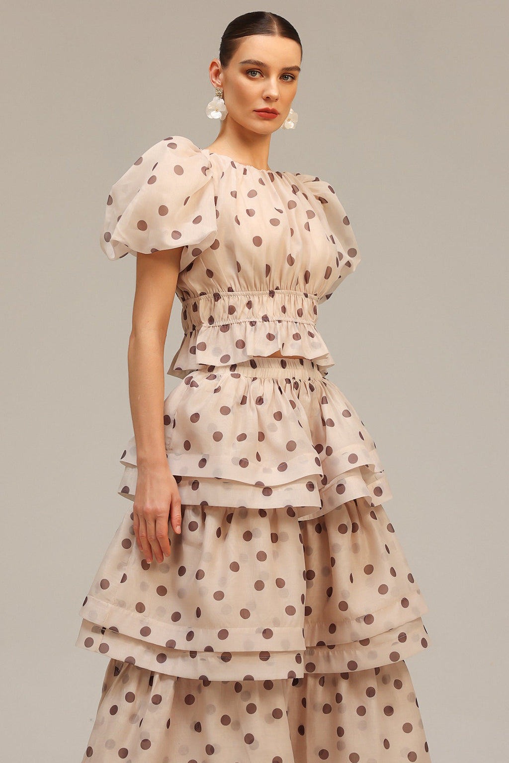 Damla Beige Puff Sleeves Dot Printed Top and Skirt Two-Piece Set Avalabel
