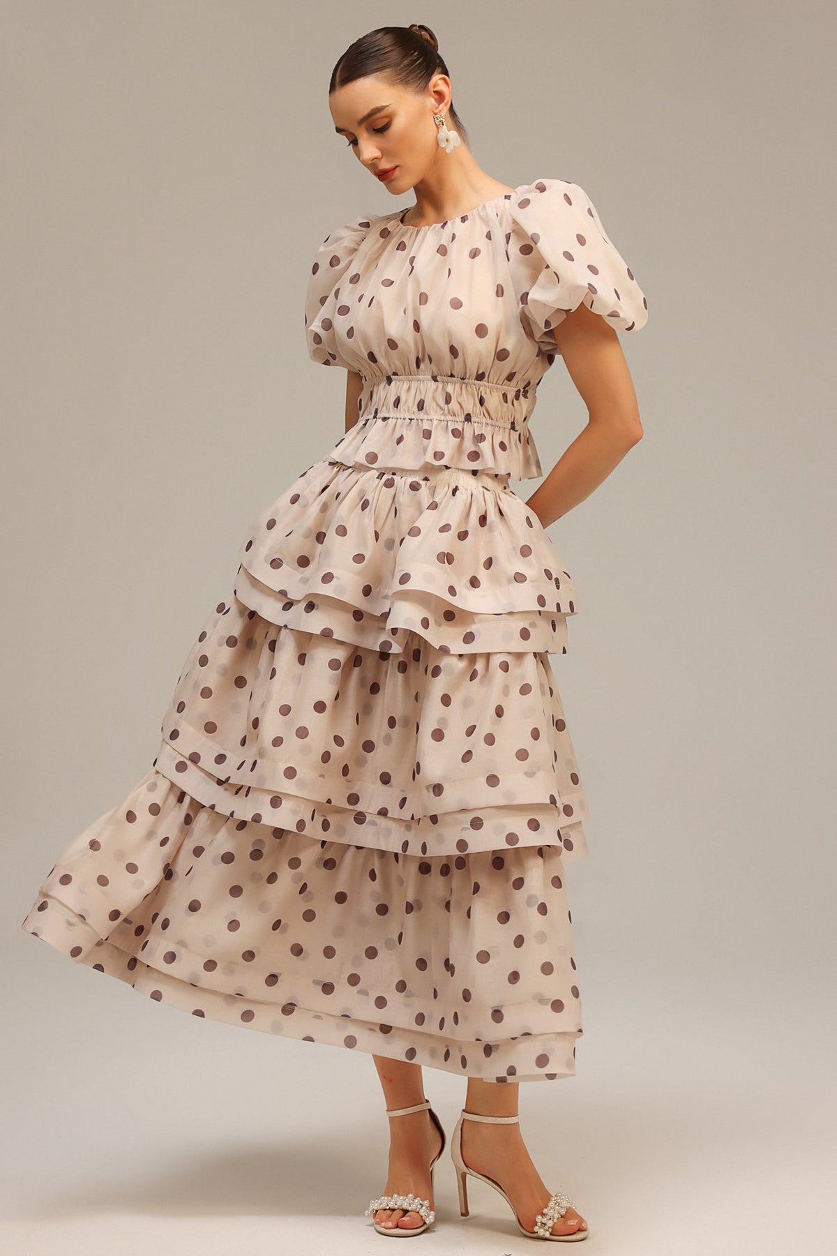 Damla Beige Puff Sleeves Dot Printed Top and Skirt Two-Piece Set Avalabel