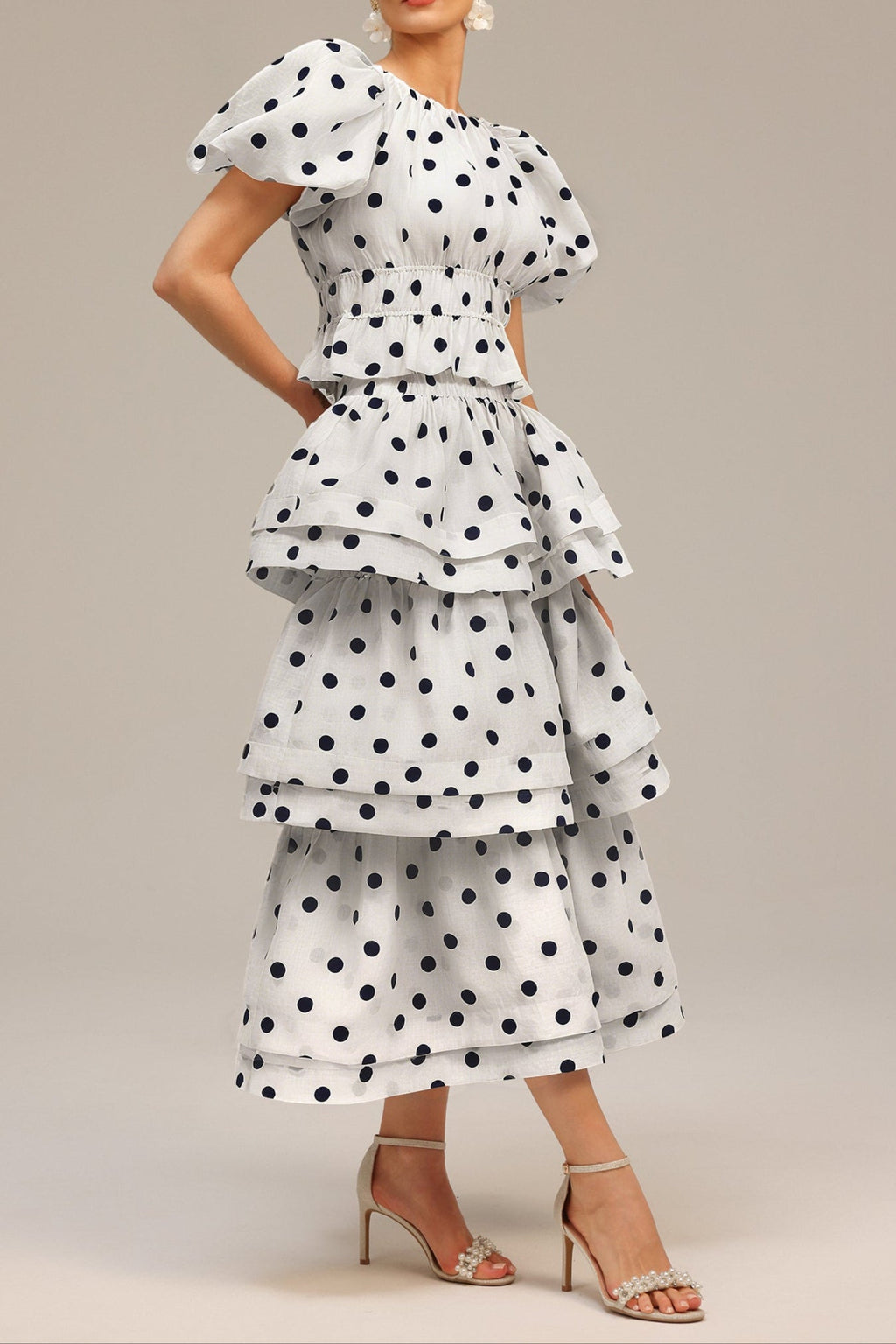 Damla White Puff Sleeves Dot Printed Top and Skirt Two-Piece Set Avalabel