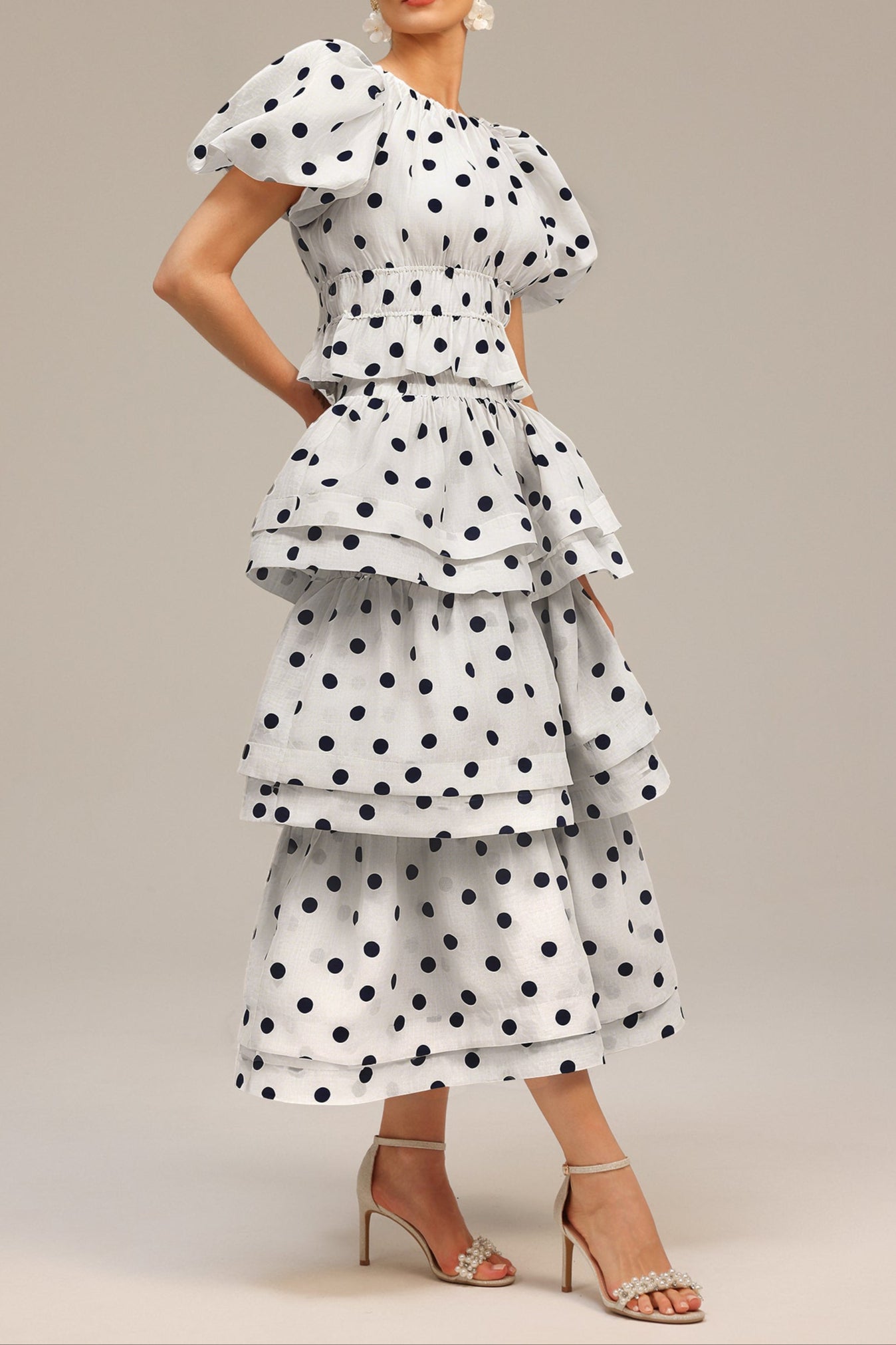 Damla White Puff Sleeves Dot Printed Top and Skirt Two-Piece Set Avalabel